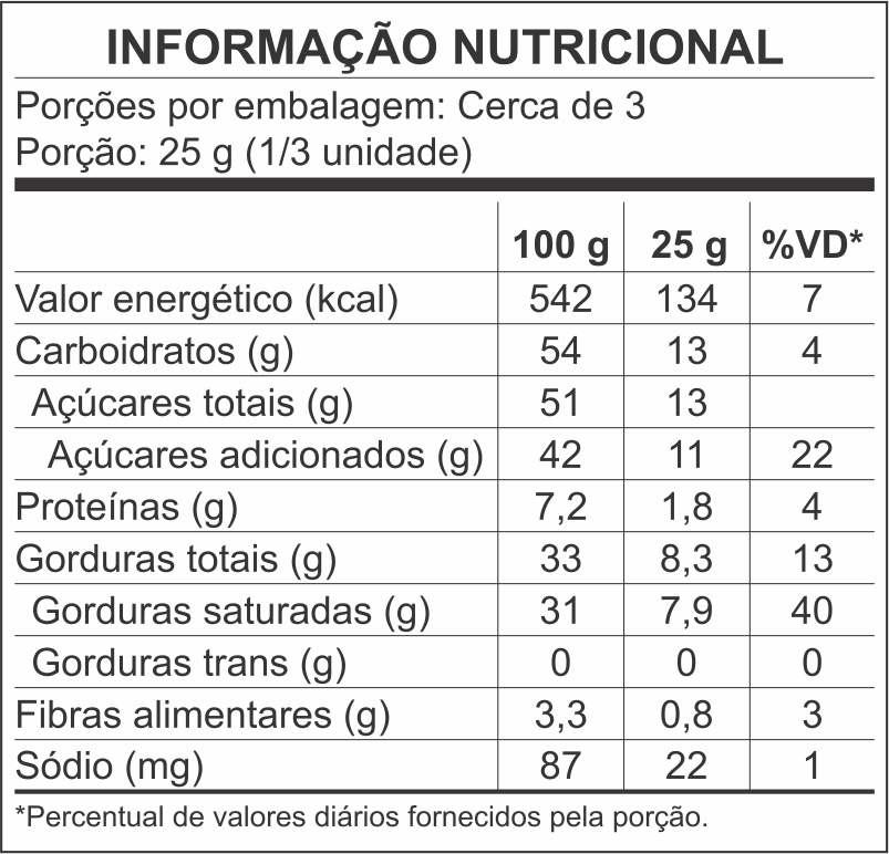 tabela nutricional Deck Milk Chocolate flavor 80g